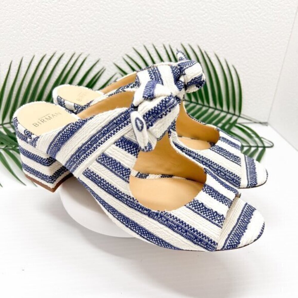 Alexandre Birman Open Evelyn Striped Blue White Mule Heeled Sandals Size 40 1/2